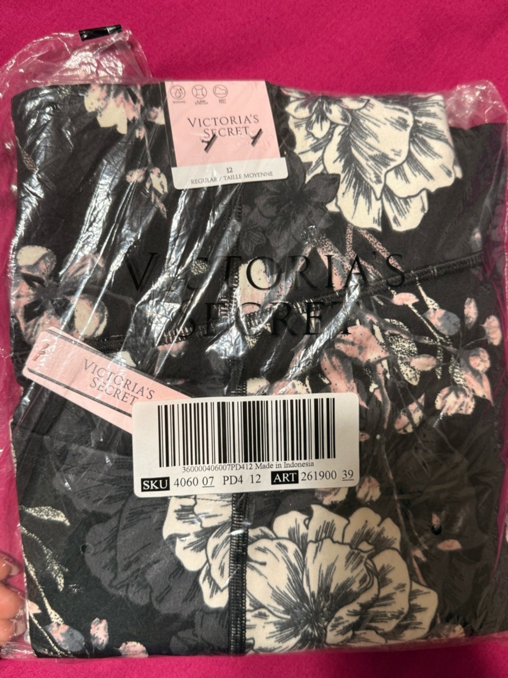 Victoria's Secret Black Floral Leggings with Pink & Cream Flowers